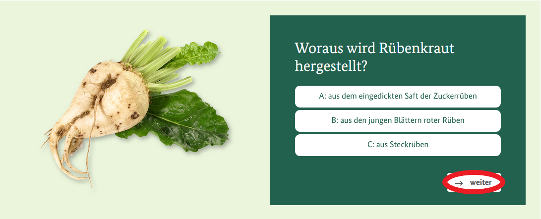 Das Startbild mit einer Zuckerrübe und der ersten Quiz-Frage