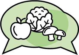 Piktogram Sprechblasen mit Apfel Kohl und Pilzen