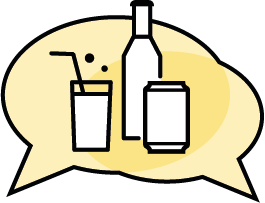Piktogram Sprechblasen mit Getränkeglas, -dose und -flasche