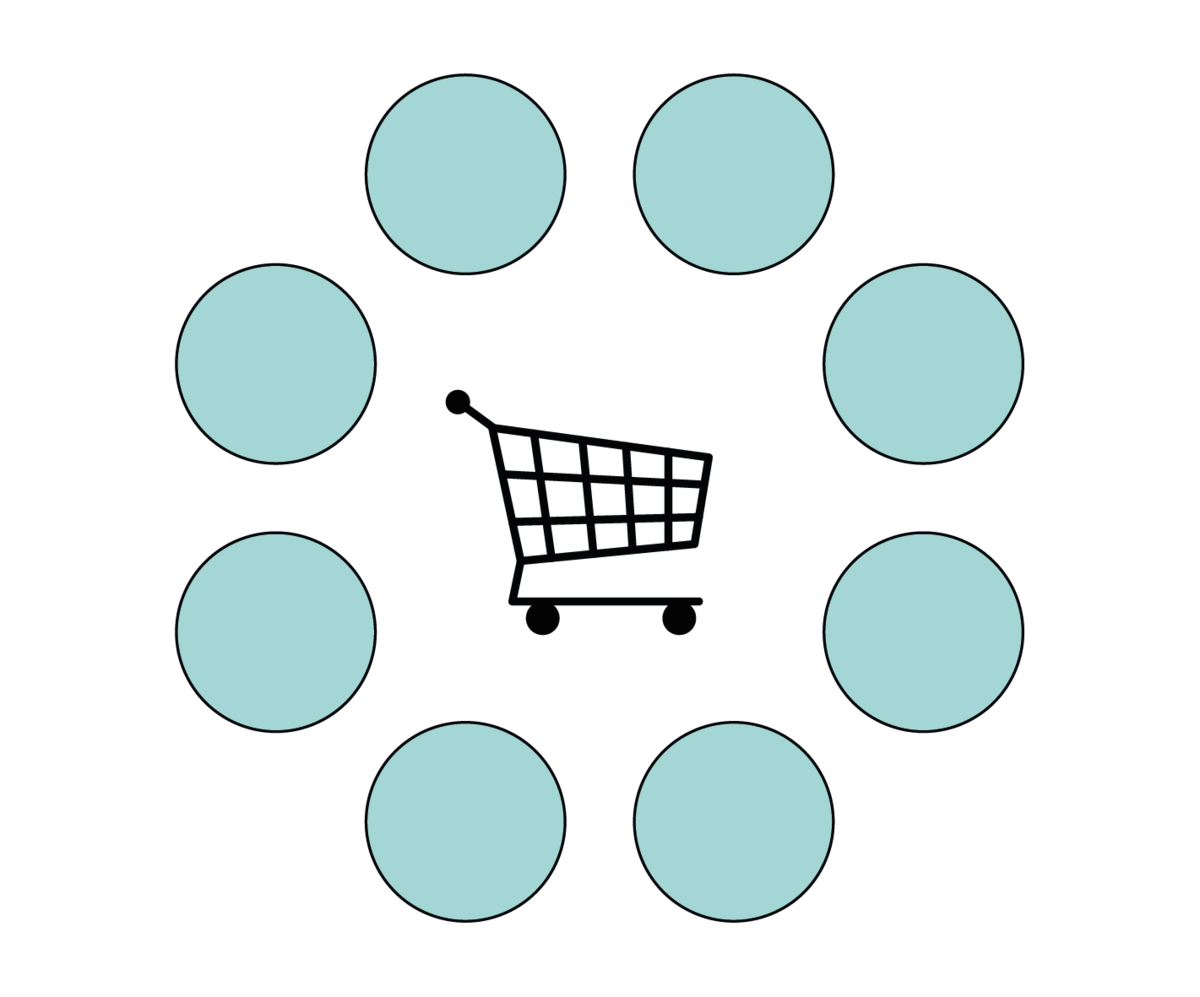 Einkaufswagen umrandet von 8 blauen Kreisen